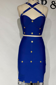 Conjunto  Bandage Vania Azul Royal de Top y Falda con Adorno de Botones Dorado