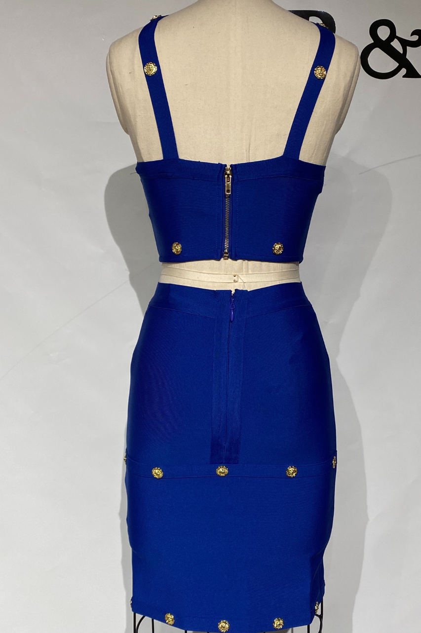 Conjunto  Bandage Vania Azul Royal de Top y Falda con Adorno de Botones Dorado