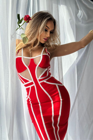 Image of Vestido Bandage Raquel rojo con blanco de tirantes y transparencia