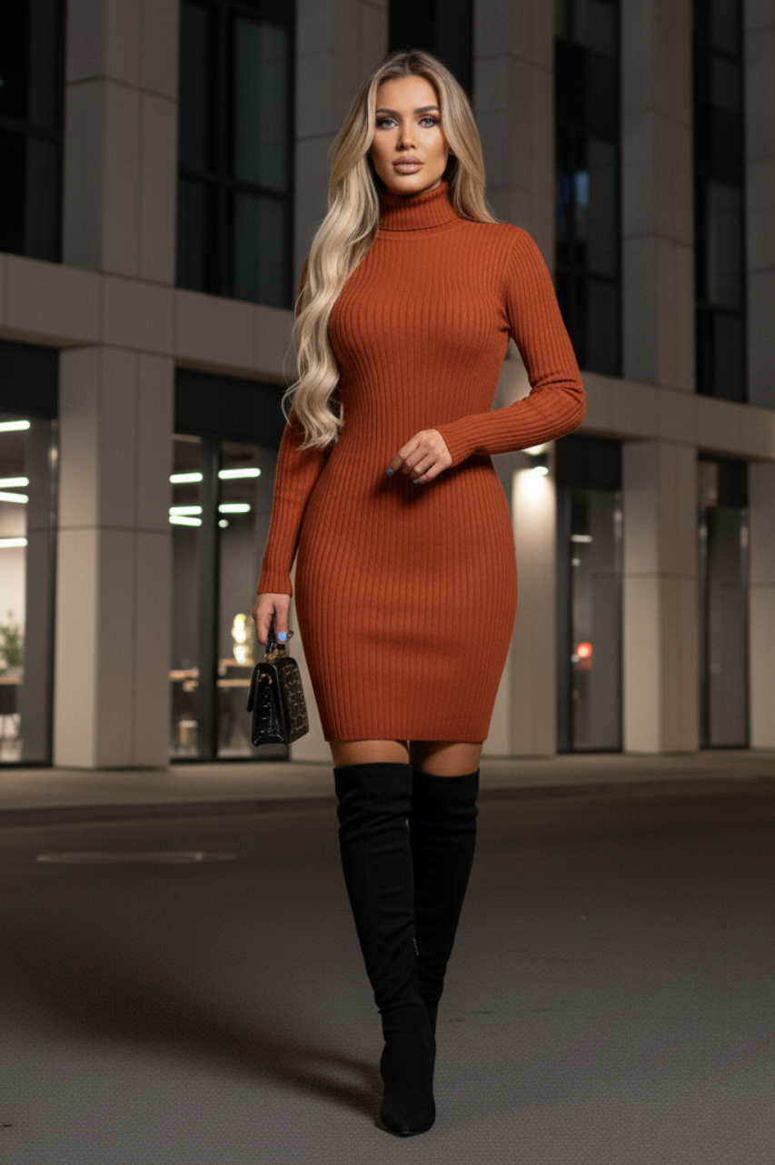 Carmelia Vestido Bronze con Manga Larga  y Cuello Alto