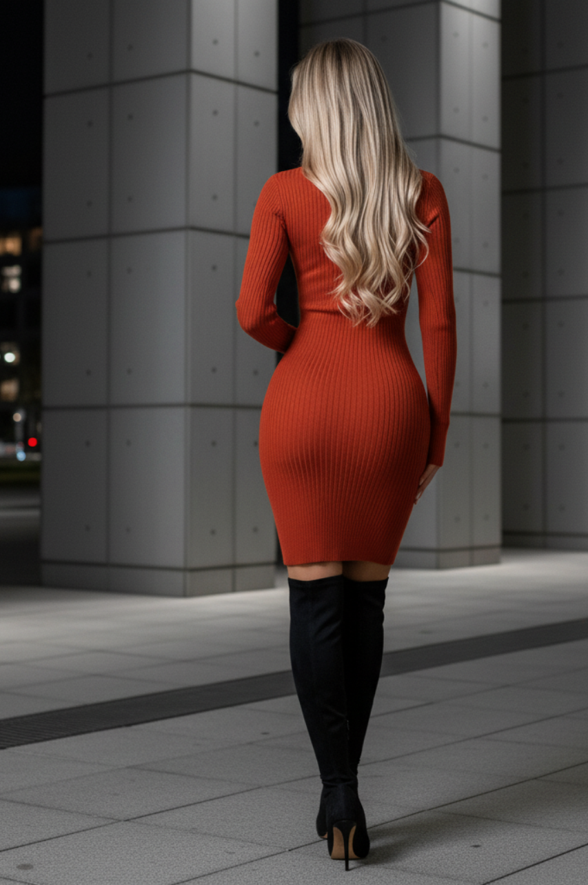 Carmelia Vestido Bronze con Manga Larga  y Cuello Alto