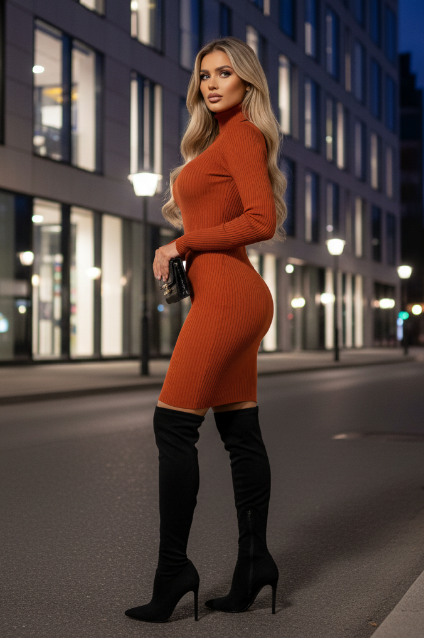 Carmelia Vestido Bronze con Manga Larga  y Cuello Alto