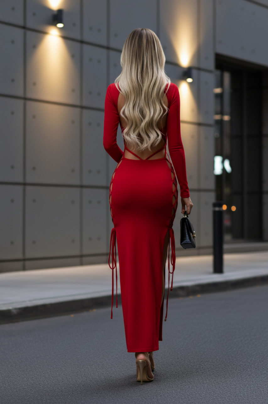 Zoe Vestido Rojo con manga larga y detalles trenzados