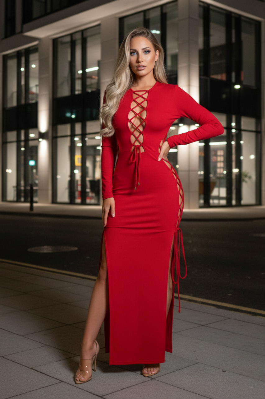 Zoe Vestido Rojo con manga larga y detalles trenzados