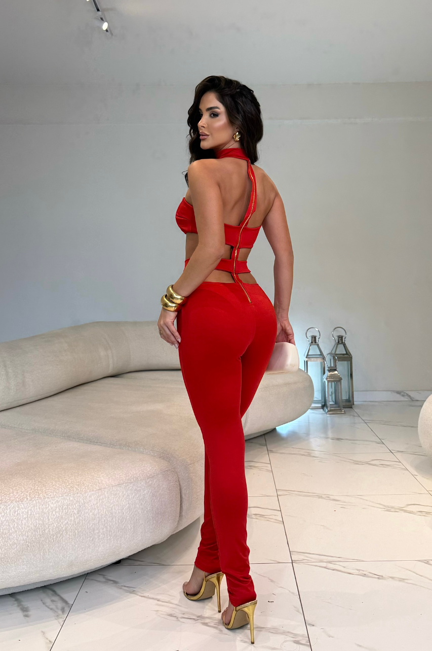 Dayana Mono Largo Rojo sin mangas con detalle de abertura en la cintura