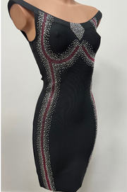 July Vestido Bandage Negro Bordado de Piedritas