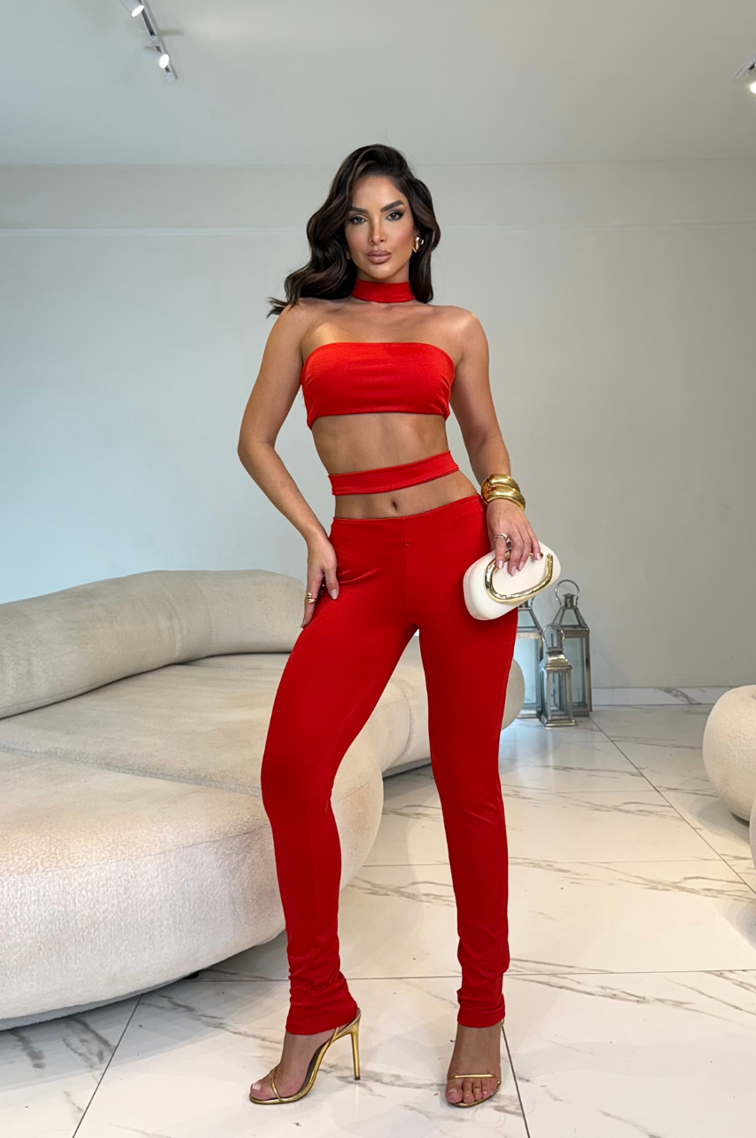 Dayana Mono Largo Rojo sin mangas con detalle de abertura en la cintura