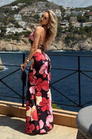 Amara Vestido Largo Negro Tropical de Lycra con Espalda Descubierta