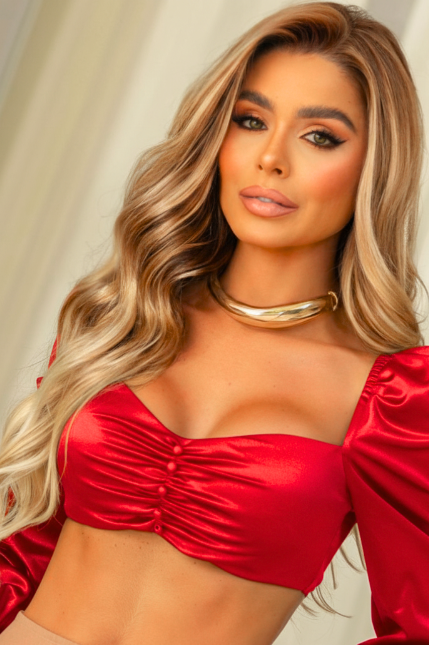 Top corto Clara manga larga Rojo con Escote Fruncido