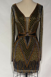 Vestido Fortuna Negro Bordado con Pedrería  Manga Larga & Escote Profundo