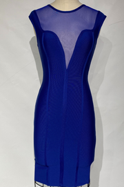 Flávia Vestido Bandage Azul Ajustado con Tul en el Escote y Cremallera Trasera