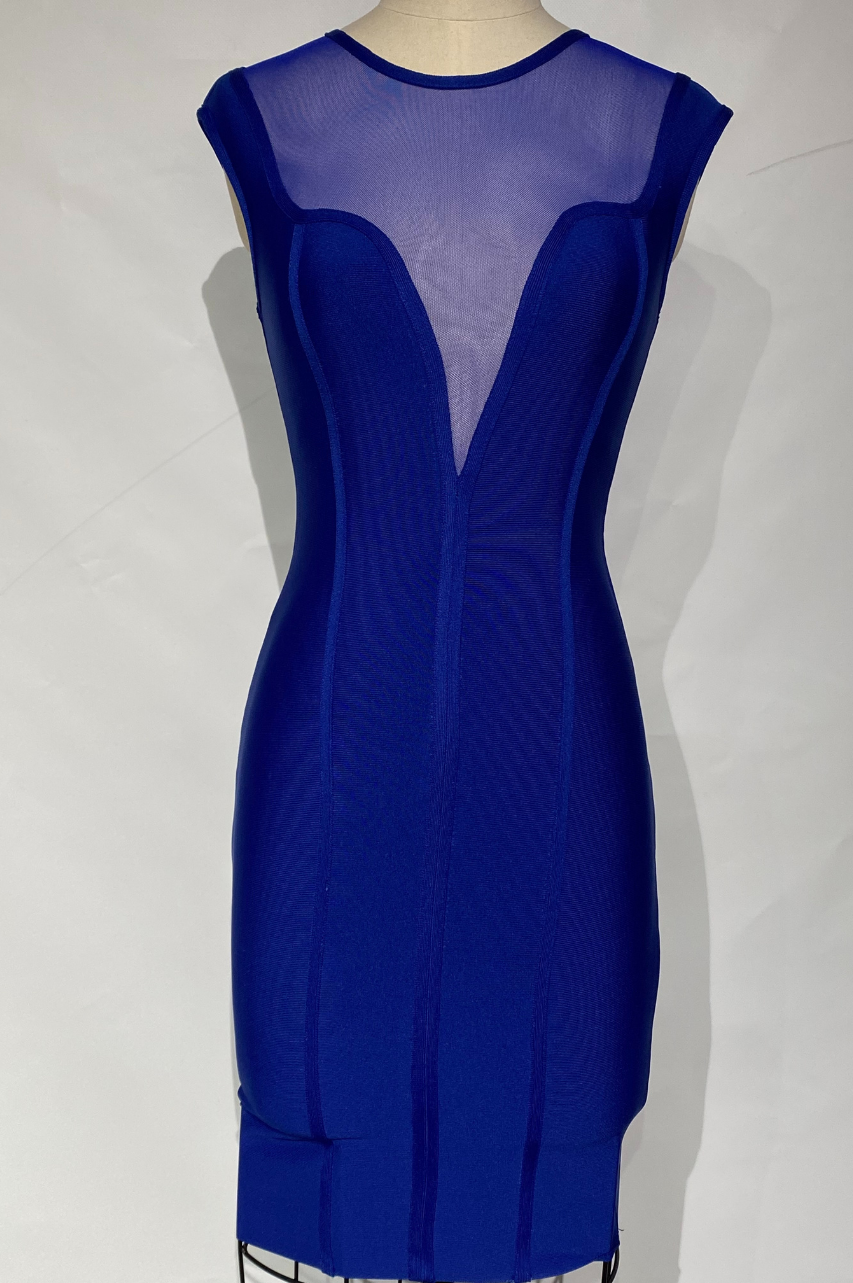 Flávia Vestido Bandage Azul Ajustado con Tul en el Escote y Cremallera Trasera