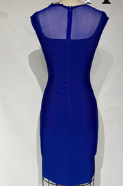 Flávia Vestido Bandage Azul Ajustado con Tul en el Escote y Cremallera Trasera