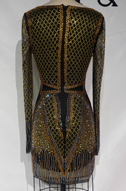 Vestido Fortuna Negro Bordado con Pedrería  Manga Larga & Escote Profundo