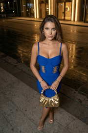 Vestido Joyce Bandage Azul Royal  Efecto Corset & Abertura Elegante