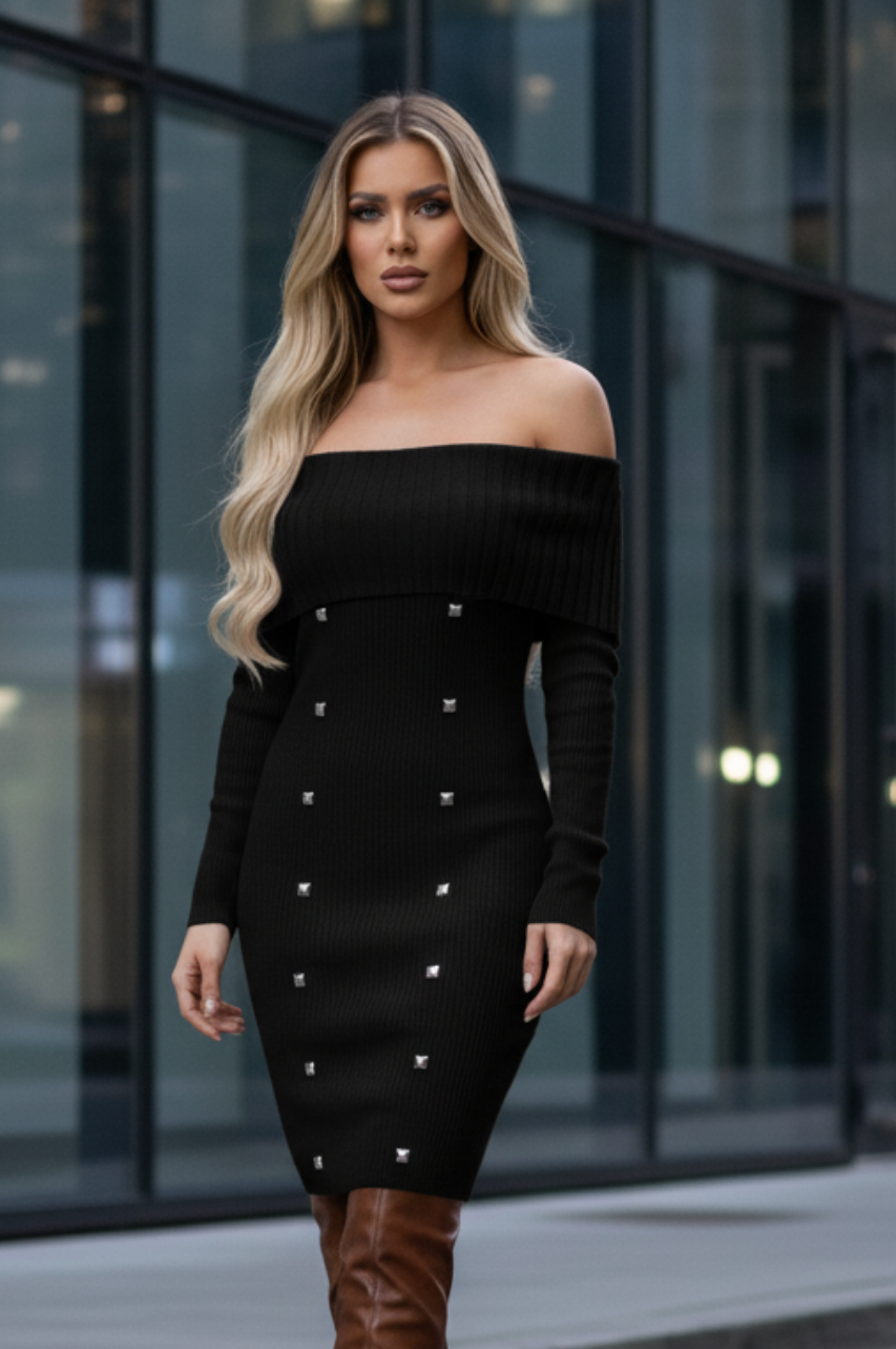 Viena Vestido Negro de Punto manga larga