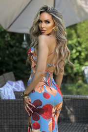 Amara Vestido Largo Azul Tropical de Lycra con Espalda Descubierta