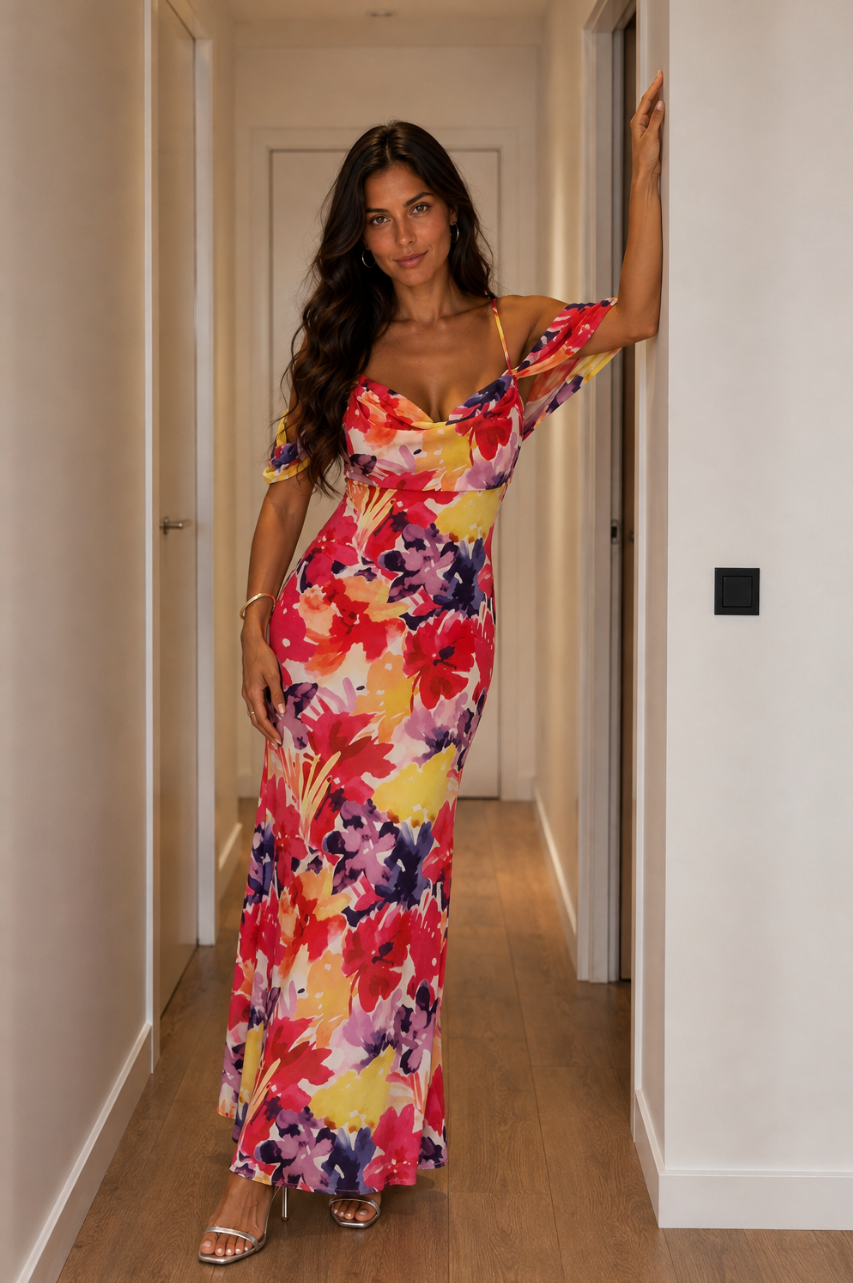 Vestido Largo Fermin de Gasa Floral Espalda Descubierta