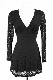 Alejandra Vestido Corto de Encaje Negro  con Escote en V y Manga Larga