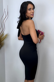 Melissa Vestido de Fiesta Midi Negro con Detalle con Lazo en el Hombro Derecho