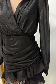 Reina Vestido de Fiesta Negro con Volantes y Mangas Largas