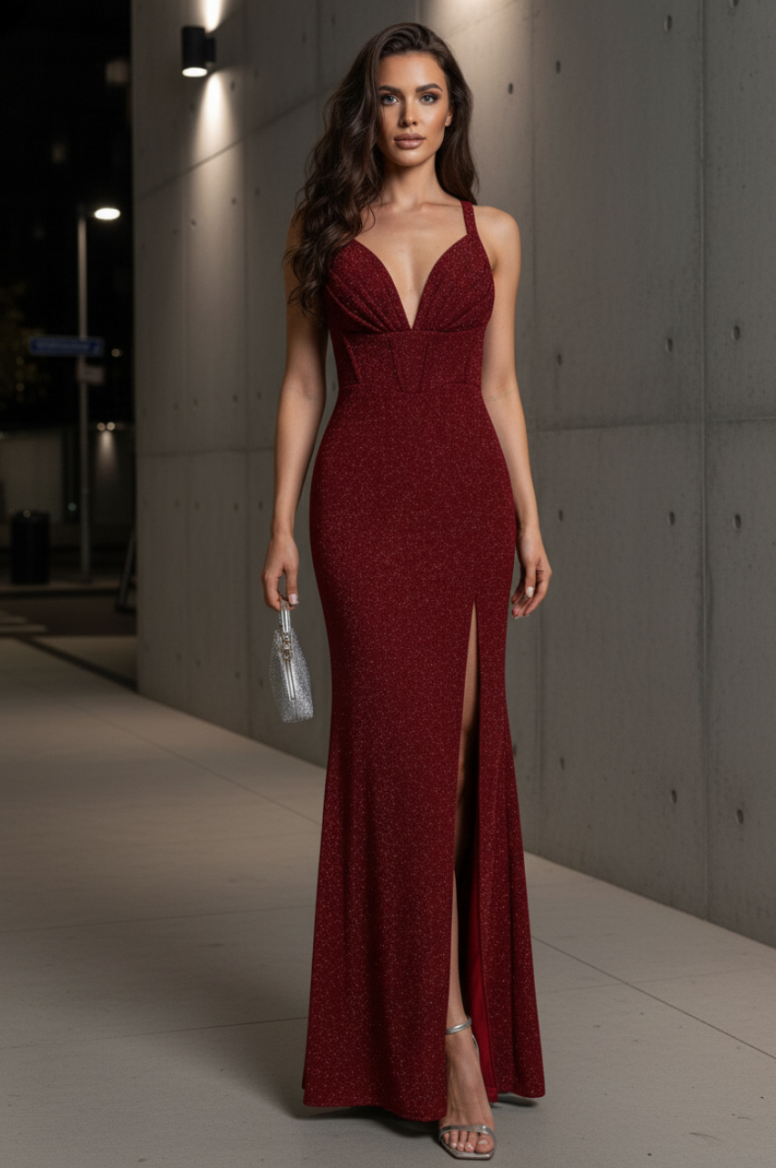 Vestido Fiara Largo Burdeos de Brillo Escote Profundo & Abertura Sexy