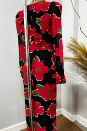 Maya Vestido Midi Floral Fucsia Mangas Largas