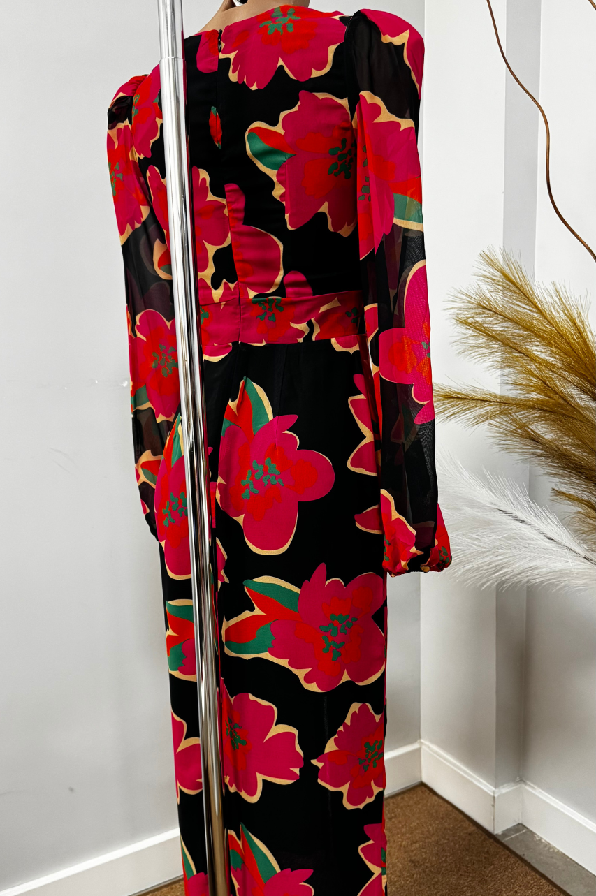 Maya Vestido Midi Floral Fucsia Mangas Largas