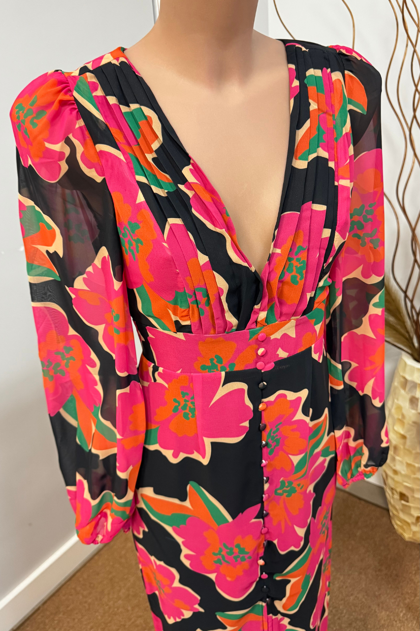 Maya Vestido Midi Floral Fucsia Mangas Largas