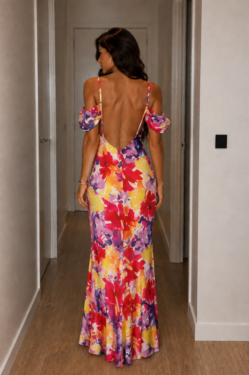 Vestido Largo Fermin de Gasa Floral Espalda Descubierta
