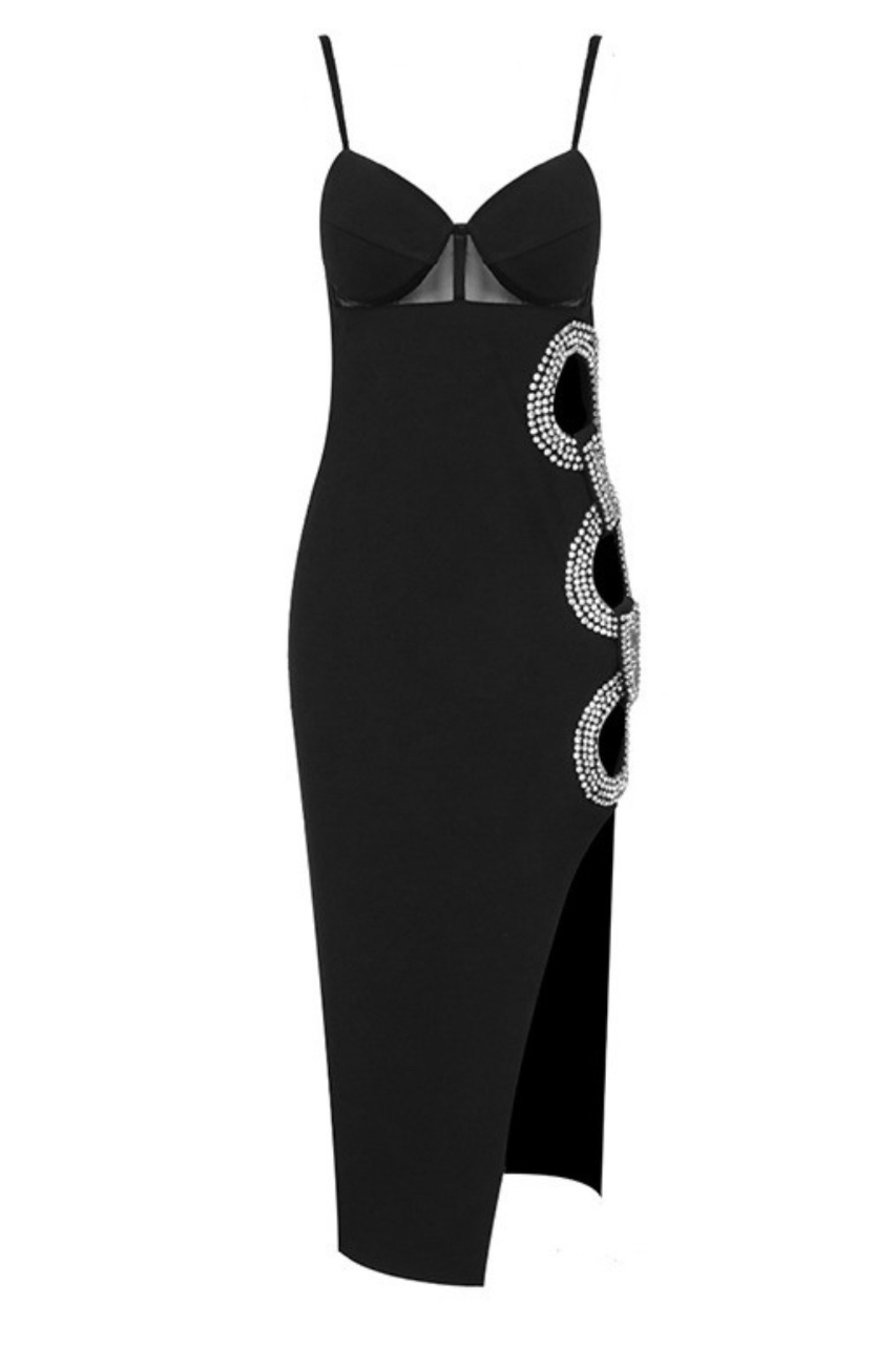Vestido Bandage Evan negro de tirantes con Detalle plateado