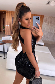 Karina Vestido de lentejuelas negro corto, sexy y elegante con espalda descubierta