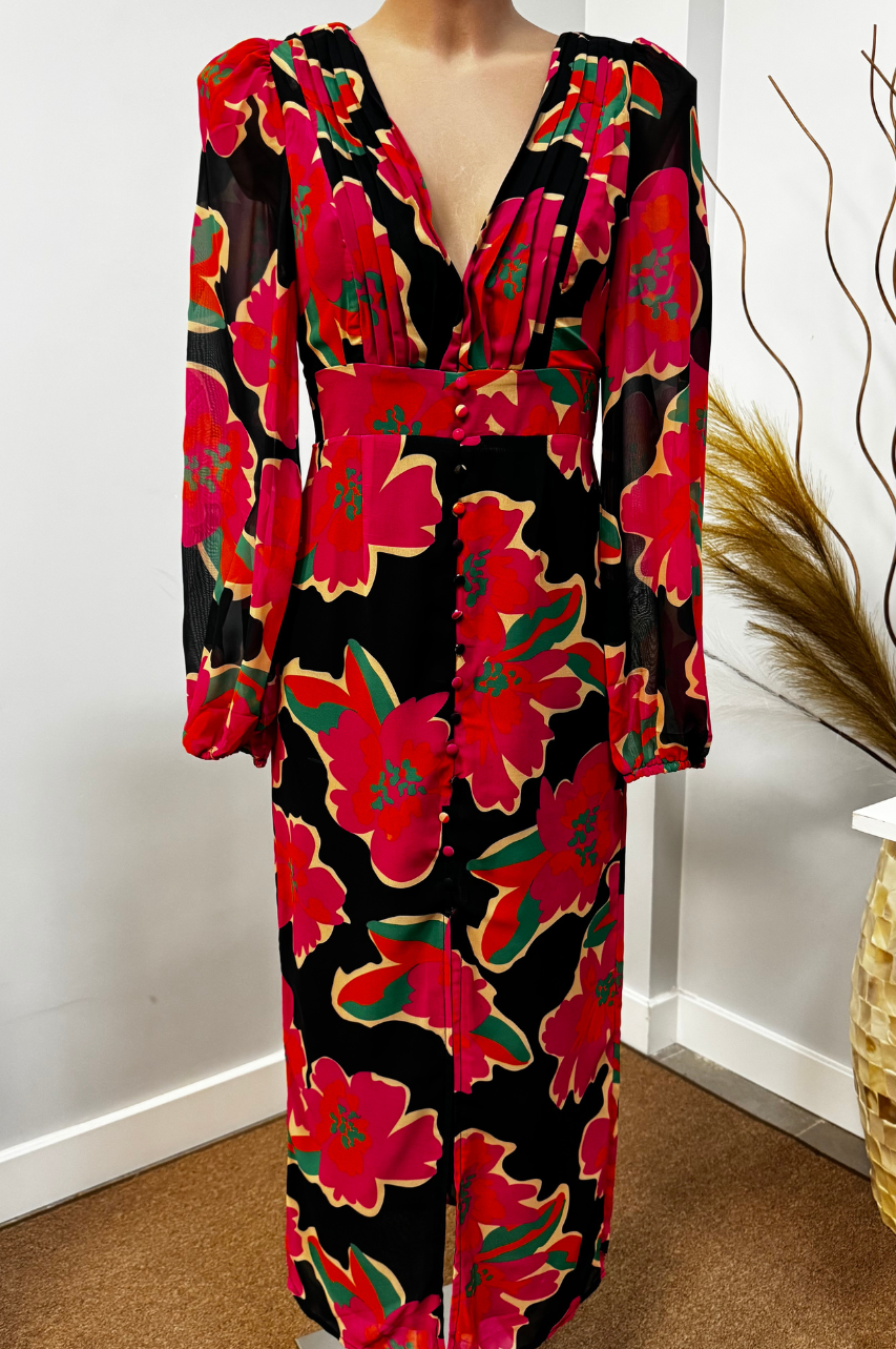 Maya Vestido Midi Floral Fucsia Mangas Largas