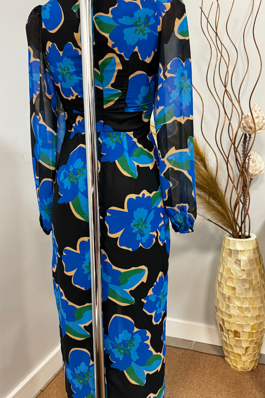 Maya Vestido Midi Floral Azul Mangas Largas