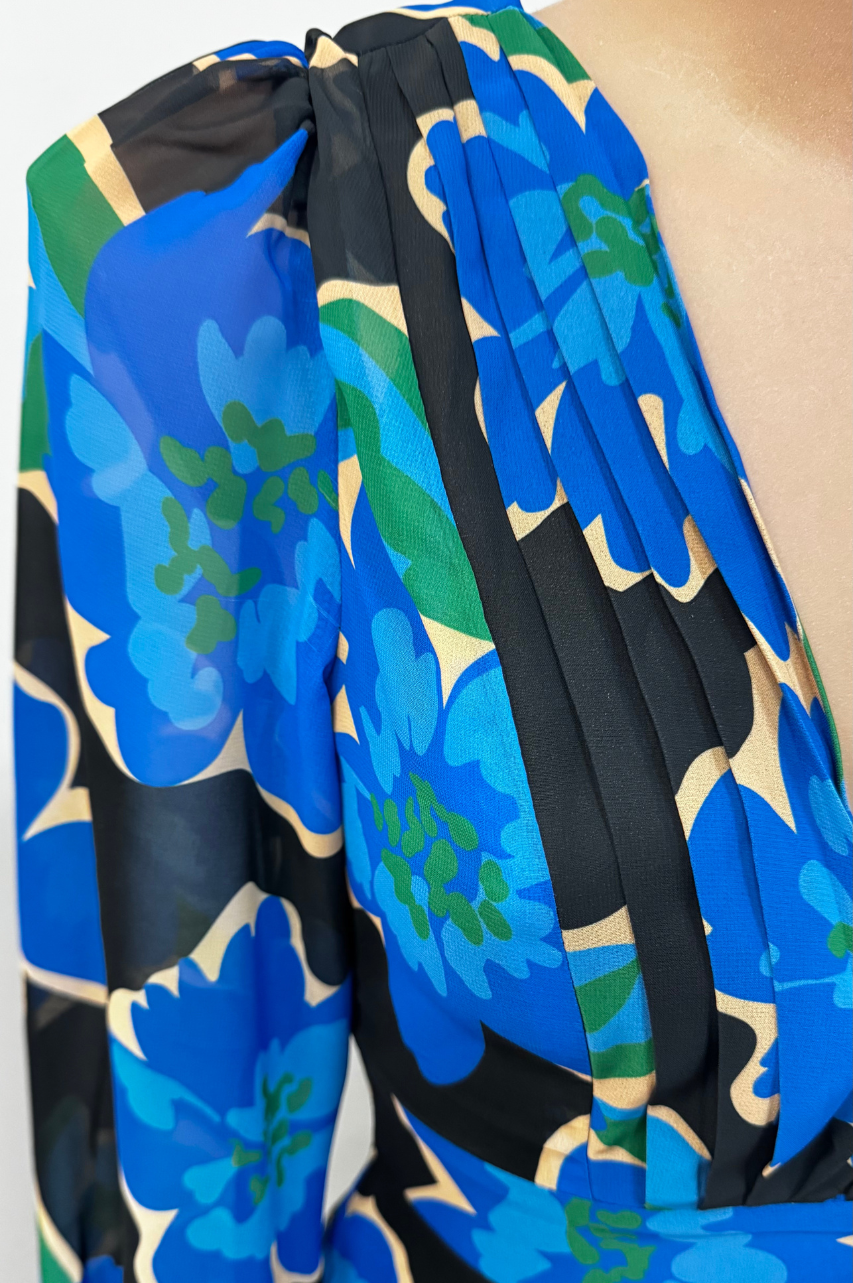 Maya Vestido Midi Floral Azul Mangas Largas