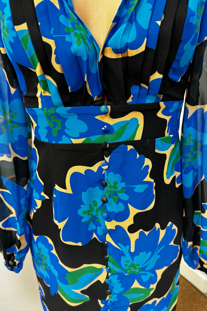 Maya Vestido Midi Floral Azul Mangas Largas