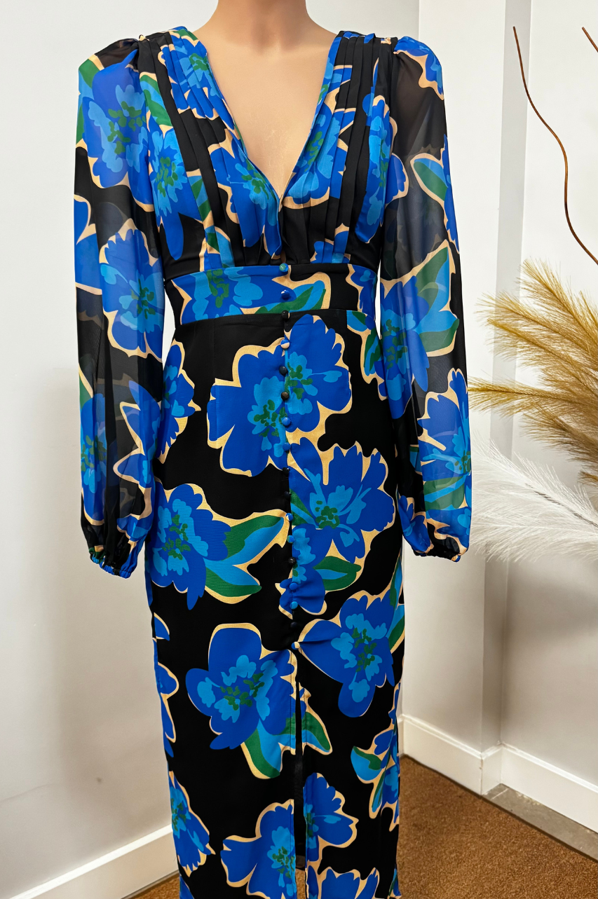 Maya Vestido Midi Floral Azul Mangas Largas