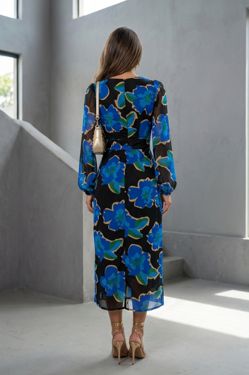 Maya Vestido Midi Floral Azul Mangas Largas