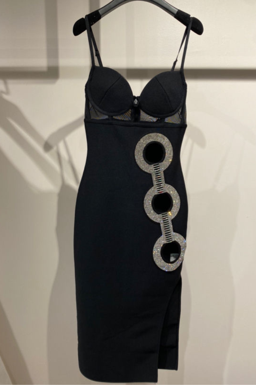 Vestido Bandage Evan negro de tirantes con Detalle plateado