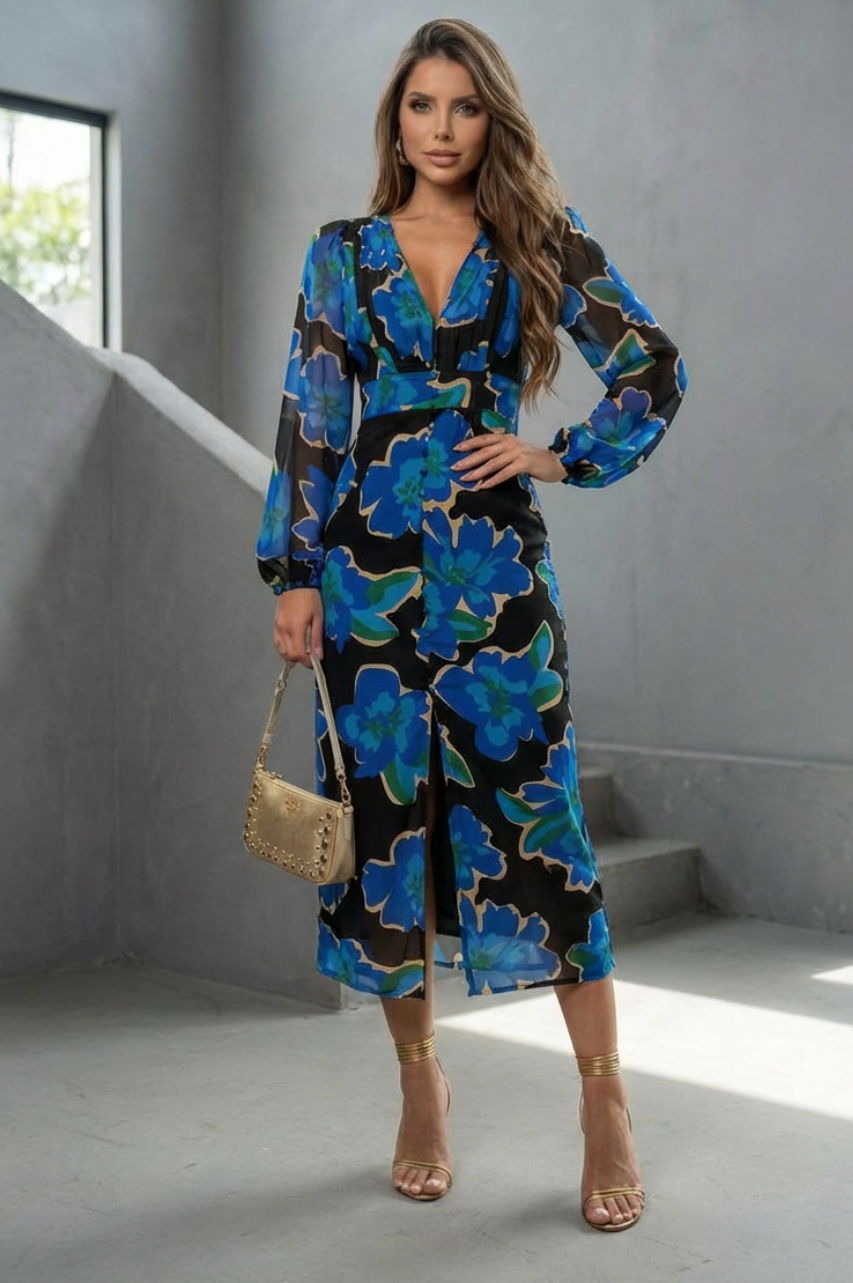 Maya Vestido Midi Floral Azul Mangas Largas