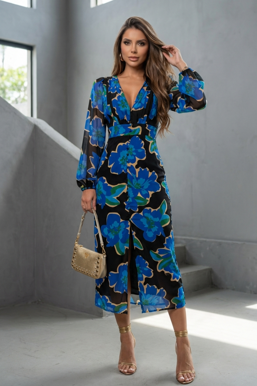 Maya Vestido Midi Floral Azul Mangas Largas