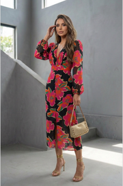 Maya Vestido Midi Floral Fucsia Mangas Largas