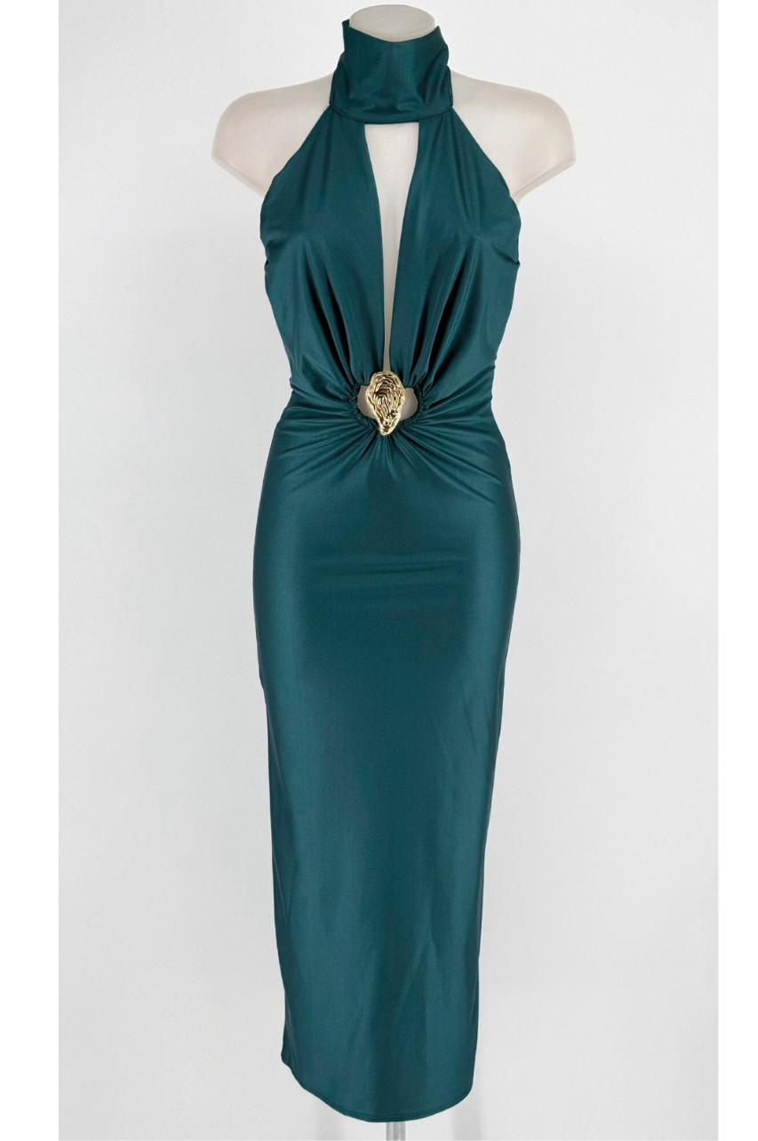Vestido Esmeralda Petróleo Midi Elegante de Lycra Satinada con Escote Profundo
