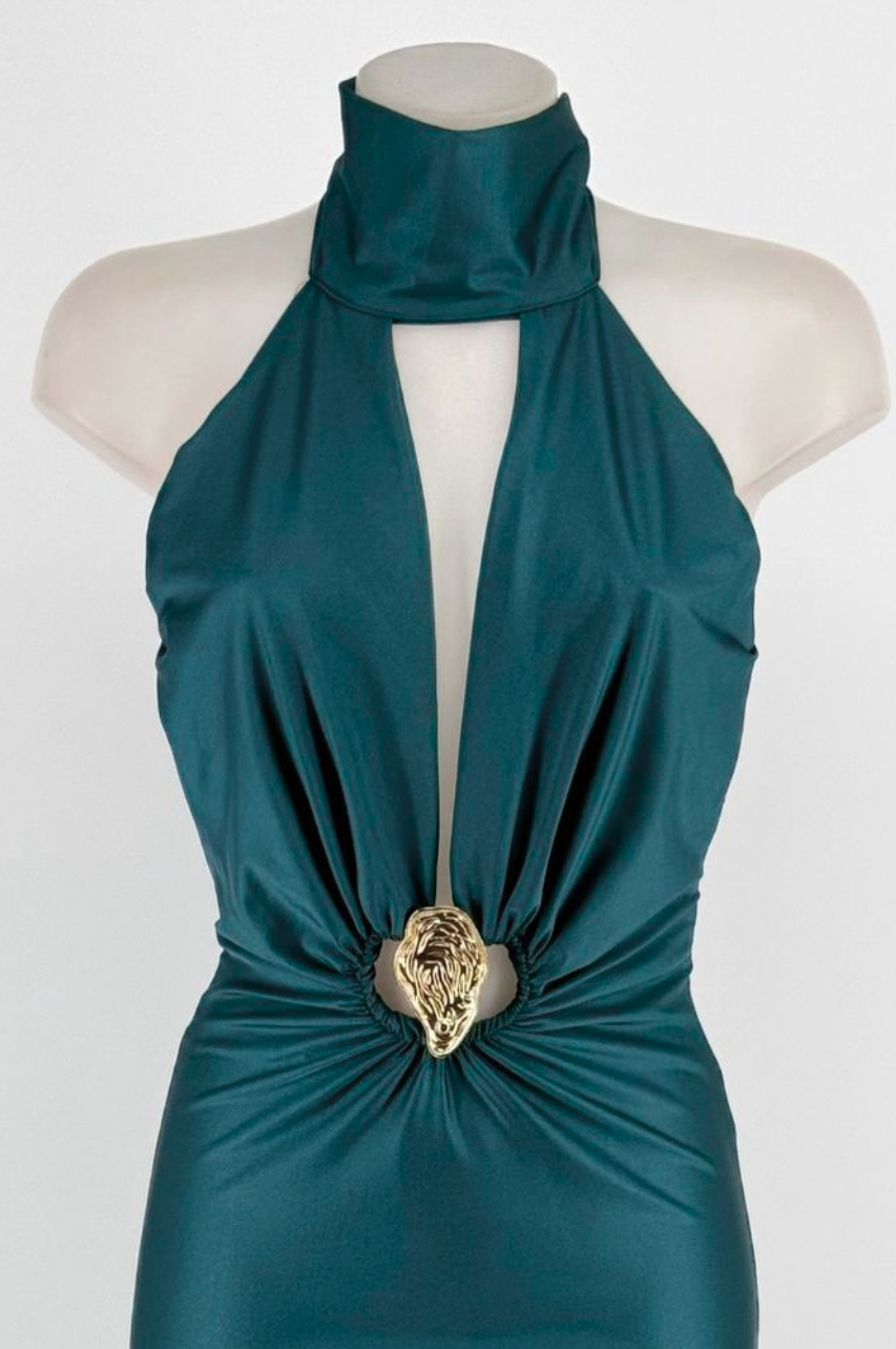 Vestido Esmeralda Petróleo Midi Elegante de Lycra Satinada con Escote Profundo