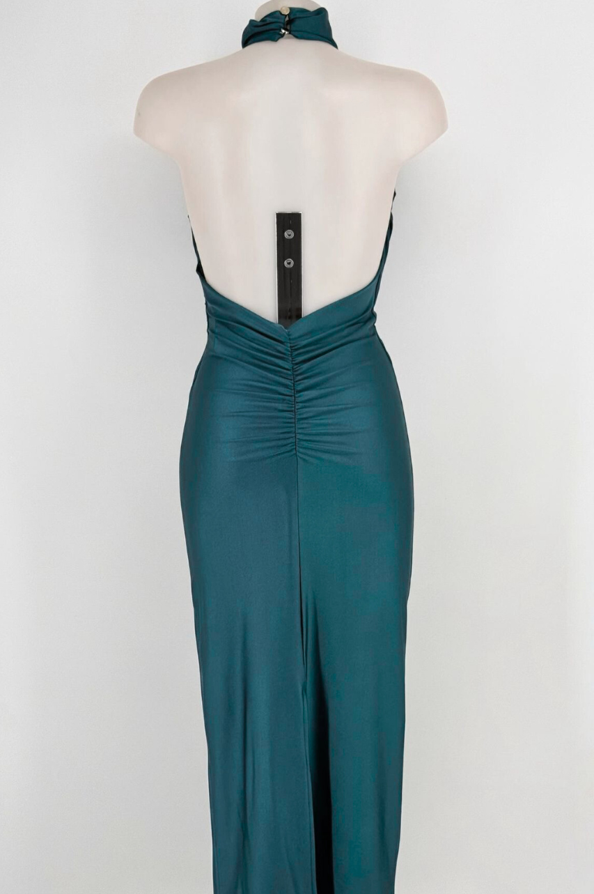 Vestido Esmeralda Petróleo Midi Elegante de Lycra Satinada con Escote Profundo