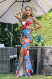 Amara Vestido Largo Azul Tropical de Lycra con Espalda Descubierta