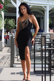 Vestido Bandage Midi Mila Negro con Detalle de Encaje