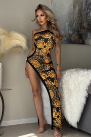 Thalia Vestido Largo estampado con un solo hombro con escote