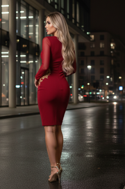 Vestido Geysa  Bandage Granate con Mangas de Tul & Bordado Dorado