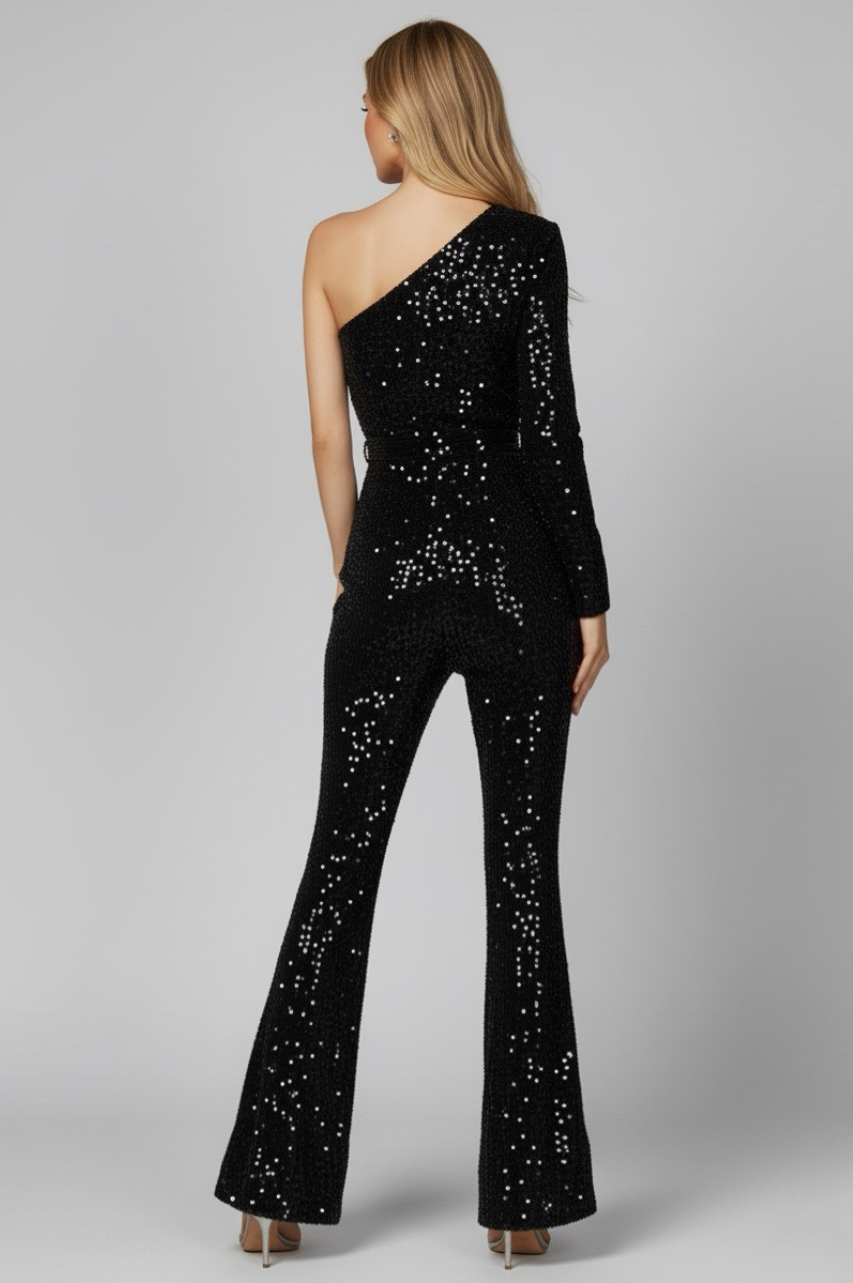 Mono Lara Negro Asimétrico de Fiesta Terciopelo con lentejuelas